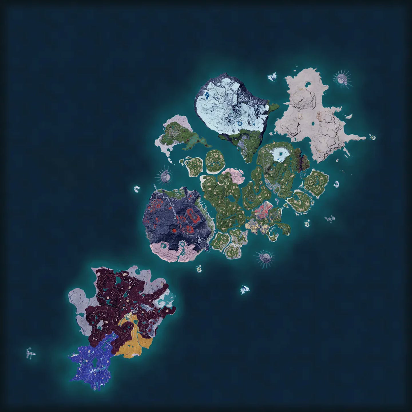Complete Palpagos world map with the six curated Chromite caves highlighted on Feybreak